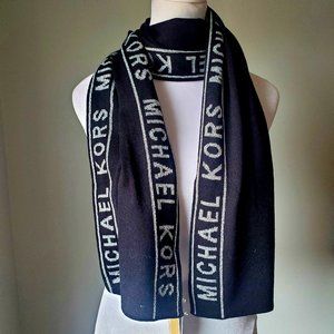 NWT MICHAEL KORS Women's Knit Long Scarf Logo Name Black & Metallic Silver Gift